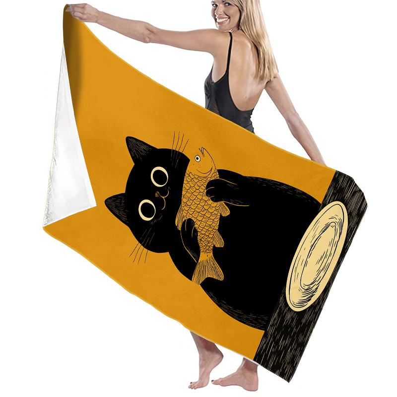 Schwarze Katze Fisch Strandtuch, Künstlerischer Katze hält Fisch Druck Weiche Mikrofaser Unisex für Schwimmen Reisen Camping Spaß
