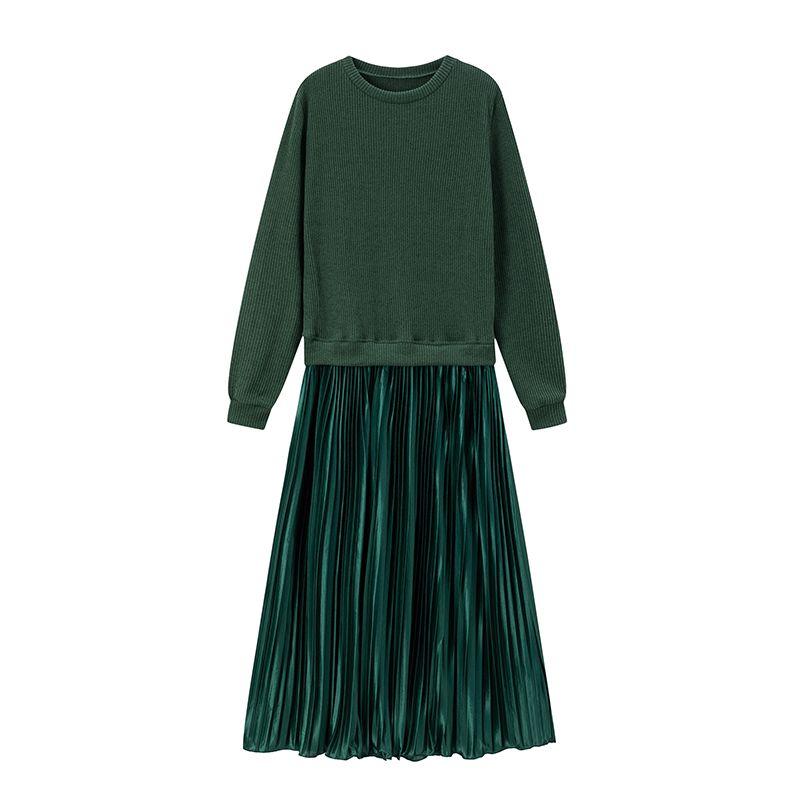 

Fashion Style Elegant New Arrival Fashion Elegant Slim Looking Elegance round Neck Long Sleeves Knitting Patchwork Pleated Skirt Dress Green L