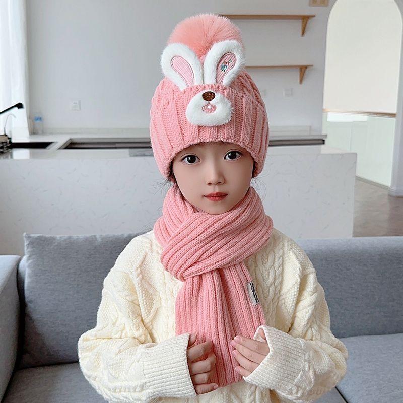 Set din două piese de căciulițe drăguțe cu urechi de iepure și eșarfe pentru copii, căciulițe tricotate din lână pentru fete pentru iarnă și căciulițe calde pentru protecția urechilor