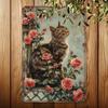 Vintage Metal Poster Cat With Rose Wall Decor