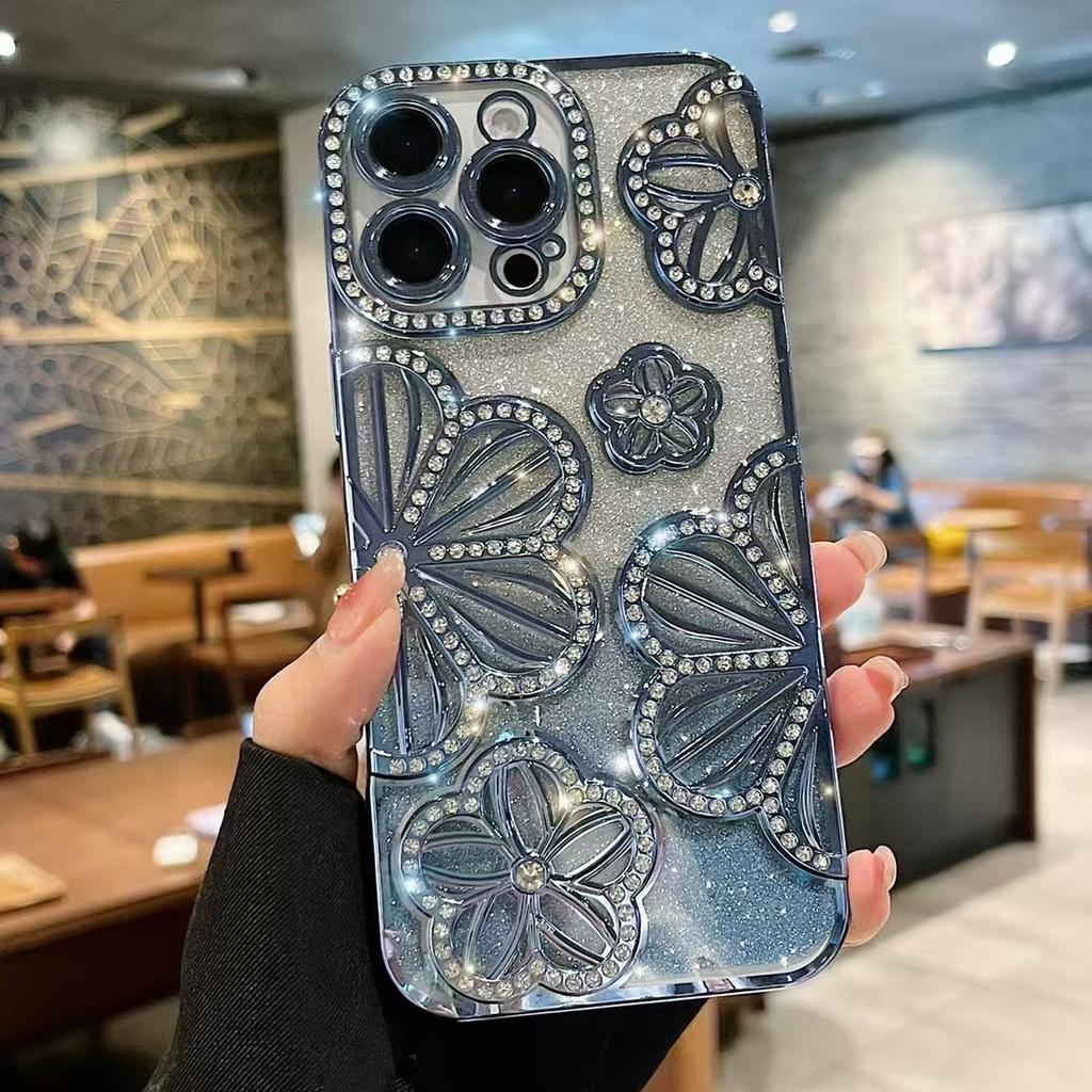 Geeignet für Ip16promax Galvanisierte Glitzerkante Diamant Blume Apple 13/14/15 Ölgemälde Blume Weiche Hülle