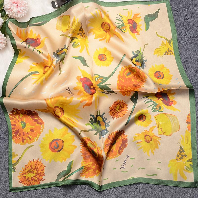 Silk scarf silk women s high-end square scarf oil painting sunflower decorative scarf mulberry silk scarf plain crepe satin streamer 53*53cm