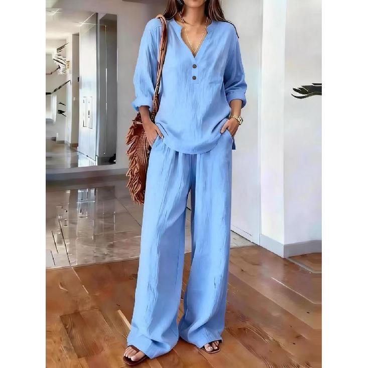 2026 New Women's Suit V-neck Long Sleeve Long Pants Solid Color Loose Casual Two-piece Set