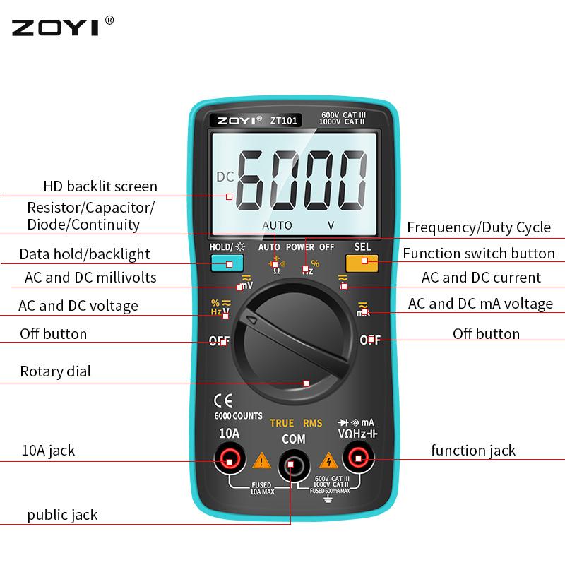 

Цифровий мультиметр ZT101 Підсвічування AC/DC Амперметр 6000 відліків AC/DC Амперметр Вольтметр Портативний вимірювальний прилад Метр Dropship