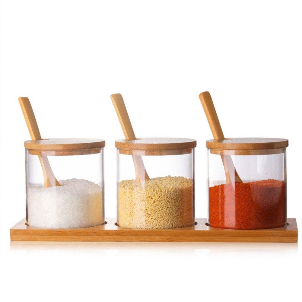 Condiment Container Bamboo Glass Durable Sturdy for Sugar And Salt