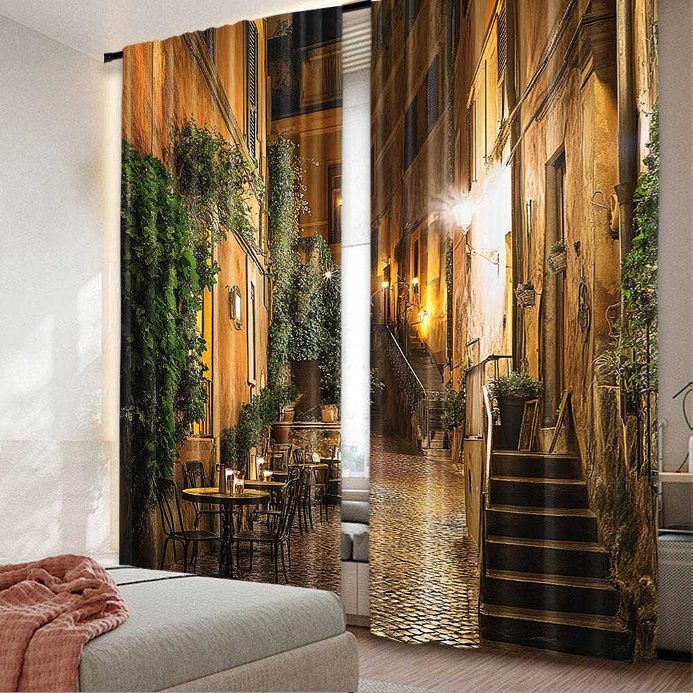 2Pcs Italian Curtain Old Courtyard Rome Italy Cafe Chairs City Historic Houses In Street For Bedroom Living Room And Dining Room 100*130 HOOK 1pcs