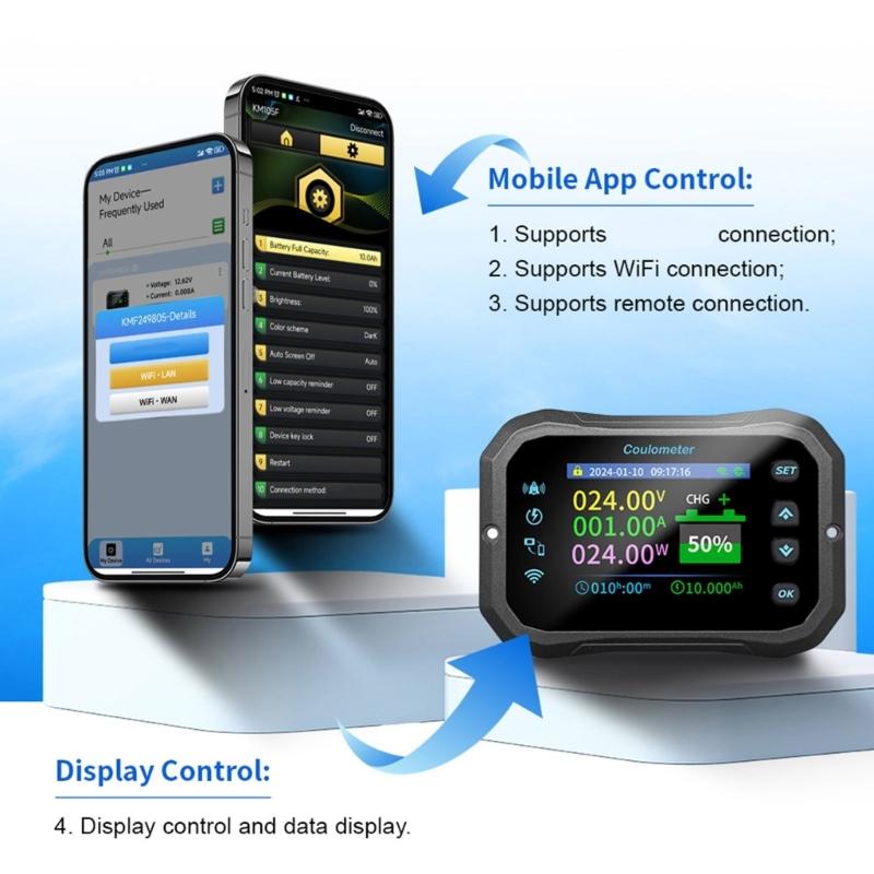 1 Set Battery Coulomb Counter Power Volt Ammeter for Lithium Batteries with Intelligent Safe Features Cable Included