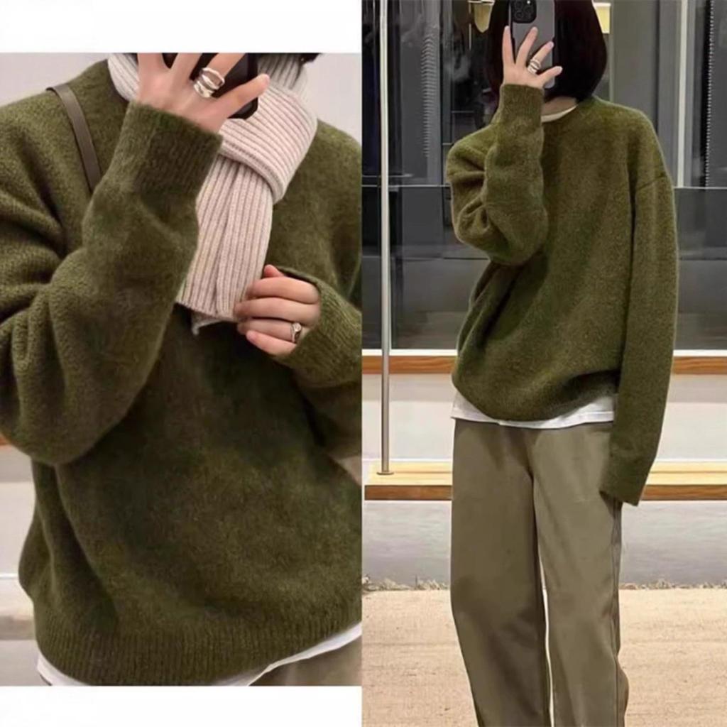 Women's Retro Avocado Green Knit Pullover Sweater - Loose Fit, Ideal for Autumn/Winter Layering