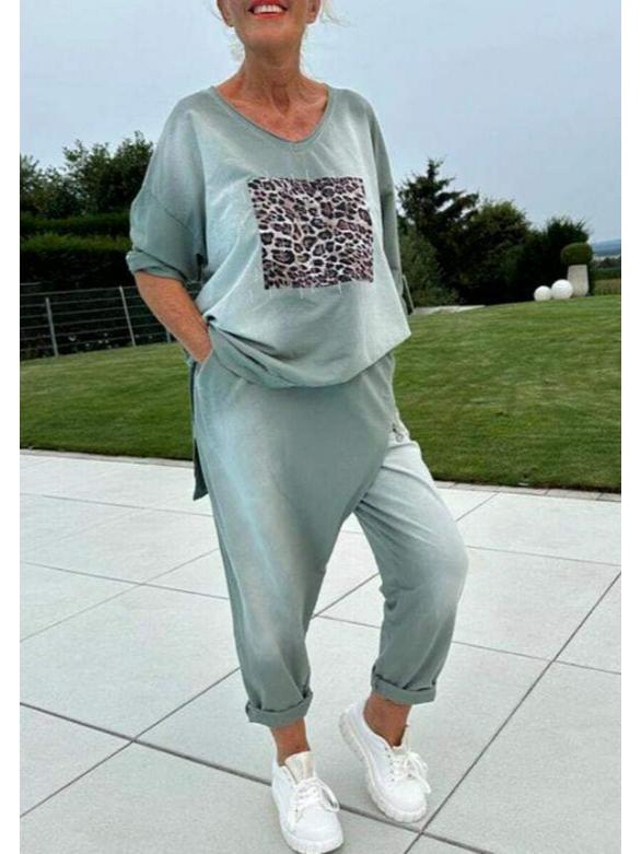 

2024 Женский осенний повседневный вязаный комплект с леопардовым принтом и круглым вырезом XL серый