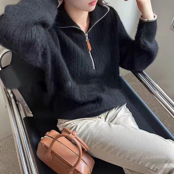 2025 Autumn/Winter Women's Half-Zip 100% Pure Wool Sweater - Loose Slimming Elegant Base Layer Top