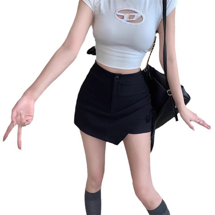 Black Irregular A-line Mini Skirt - Women's 2024 High-Waist Slimming Half Skirt