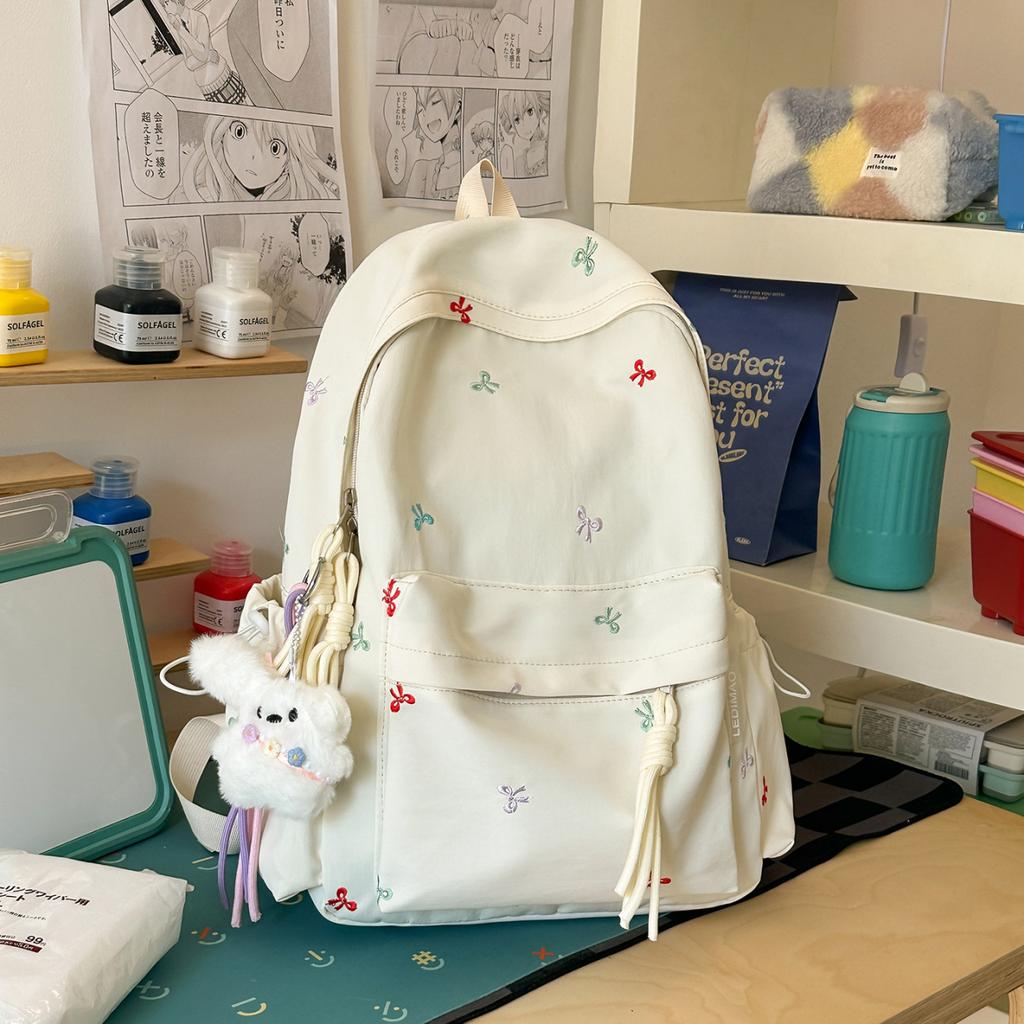Schoolbag Bow Embroidery Student Bag Casual Lightweight Schoolbag Fresh Girl Campus Commuter Backpack Macaron Color Scheme