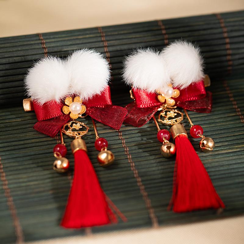 1Pair Hanfu Hair Accessories New Year Pom Pom Hair Clips Red Tassel Ancient Style Headwear Festive Holiday Hairpin ONESIZE