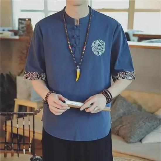 Men's Chinese Style Crane Embroidered Cotton-Linen Short-Sleeve T-Shirt