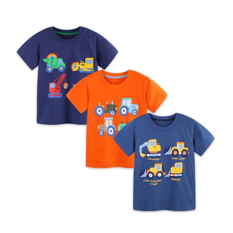 Summer Boys Cartoon Construction Vehicle T-shirt - European & American Style, Cotton, Toddler & Child Sportswear 110 cm (4 Years)