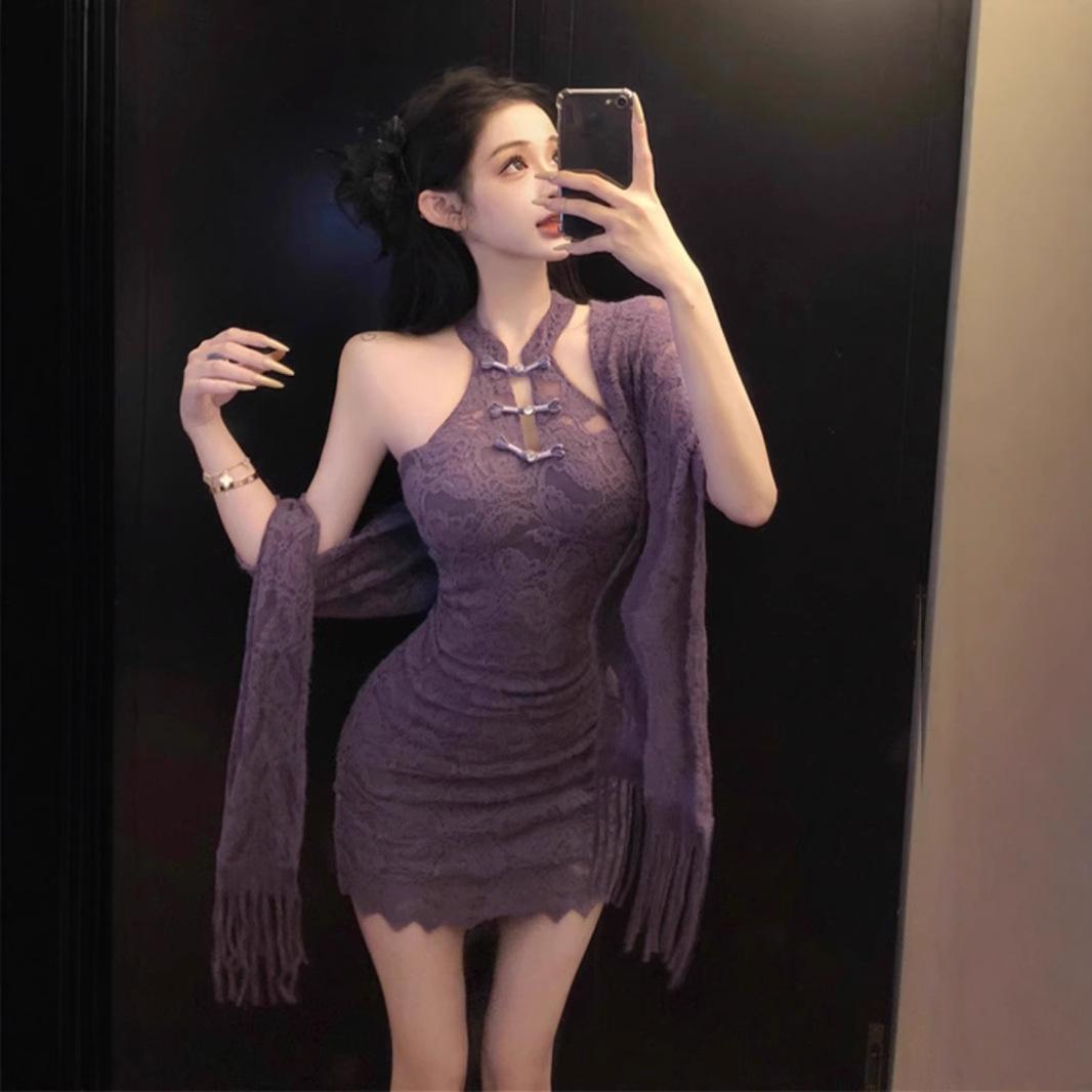 

Elegant Purple Lace Qipao Halter Mini Dress S Premium