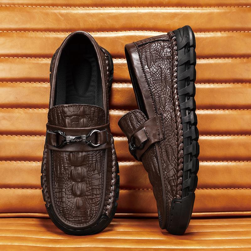 Genuine Leather Men Casual Shoes Crocodile Pattern Mens Loafers Handmade Moccasins Light Soft Male Driving Shoes Slip On Flats