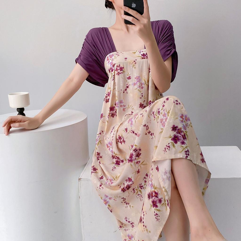 Women's nightgown thin short-sleeved printing light luxury simple breathable casual loungewear long skirt can be worn outside