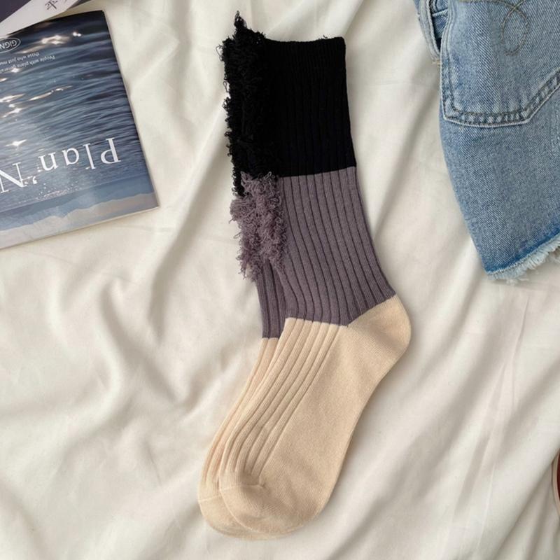 Women Men Ripped Destroyed Crew Socks Harajuku Personality Hollow-Out Holes Tassel Colorblock Cotton Calf High Socks