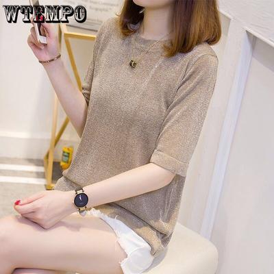 T-shirt d'été à manches courtes en soie glacée pour femme, haut tricoté à manches courtes, mode Ins pour femme