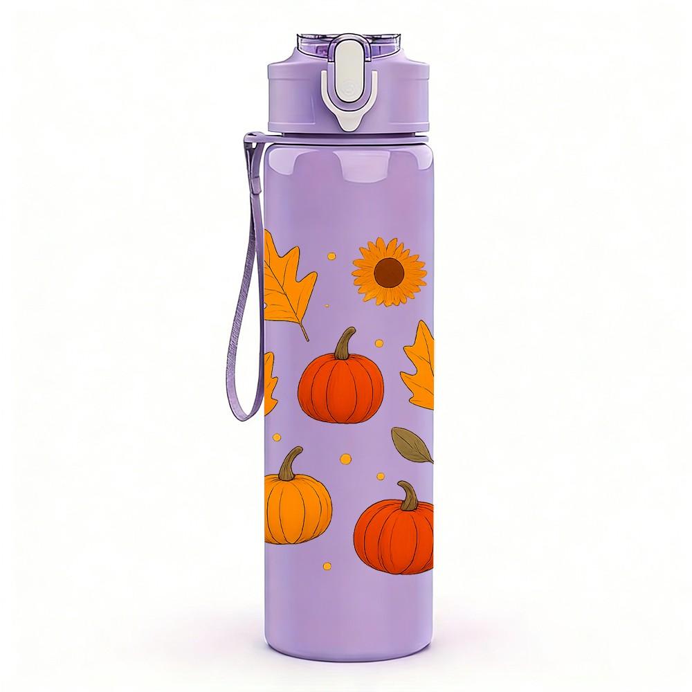 1PC Autumn Pumpkin Leaf Harvest Pattern 750ml Color Plastic Sports Water Bottle Leakproof Flip Straw Lid Suitable for Sports Office Home Use