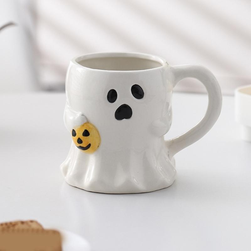 Roztomilé hrnčeky z bieleho porcelánu s tematikou ghúlov, odolná keramika, ideálne na halloweenske dekorácie alebo do kancelárie
