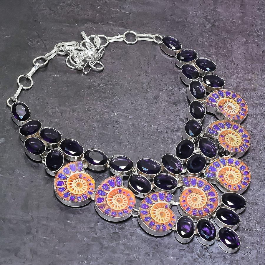 Natural Ammonite Fossil, Amethyst 925 Sterling Silver Jewelry Necklace 18" e2o44