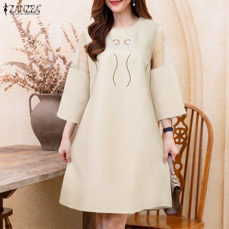 ZANZEA Damen Freizeit Rundhals 3/4 Ärmel Lockeres Printkleid