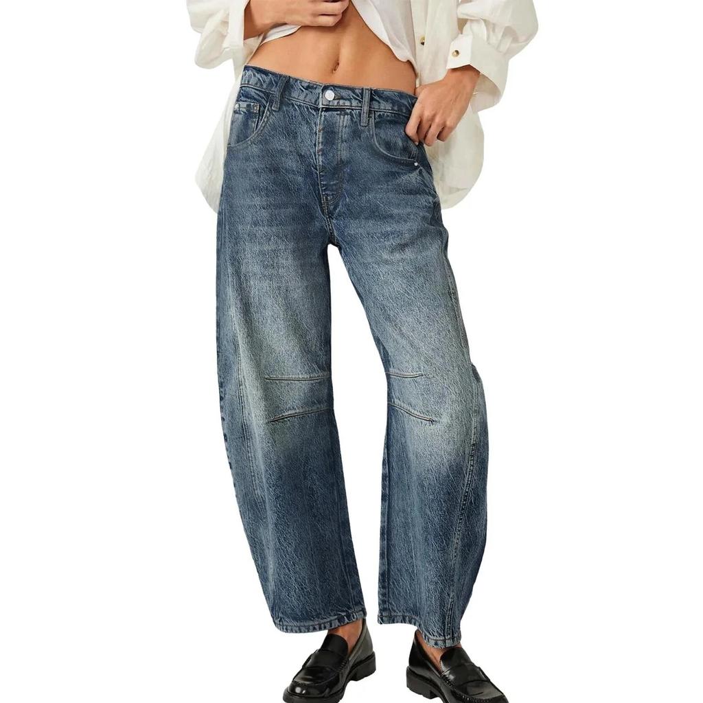Women's Casual High Stretch Mid-Rise Jeans Low Waist Washed Wide Leg Shape Women Casual Baggy Mid Waist Denim Jeans