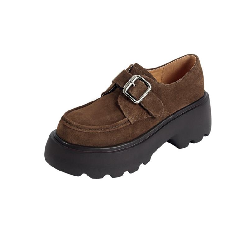 

Fashion Women s new leather cowhide cow suede round toe high-heeled metal belt buckle college single shoe thick sole retro casual shoes 250