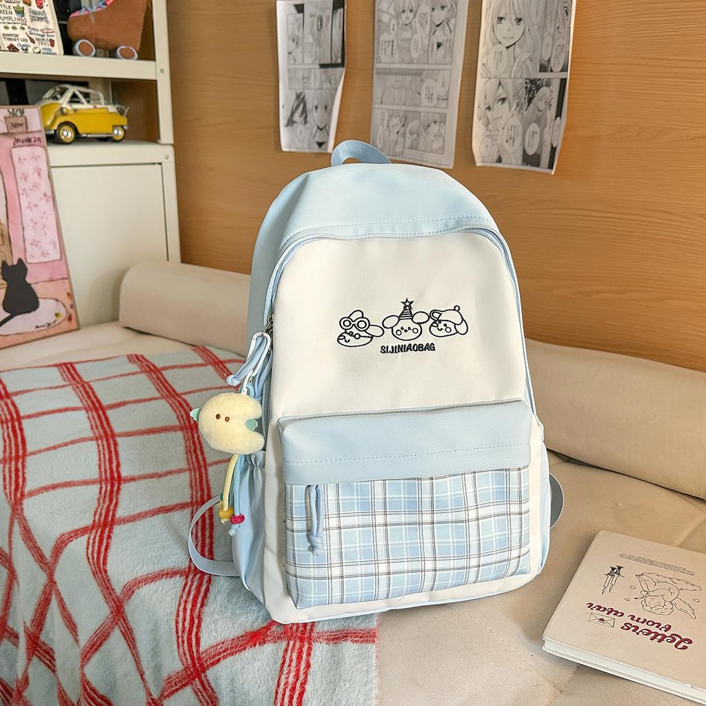 Schoolbag Japanese cartoon plaid backpack large capacity wear-resistant fabric junior high school college students commuting class backpack