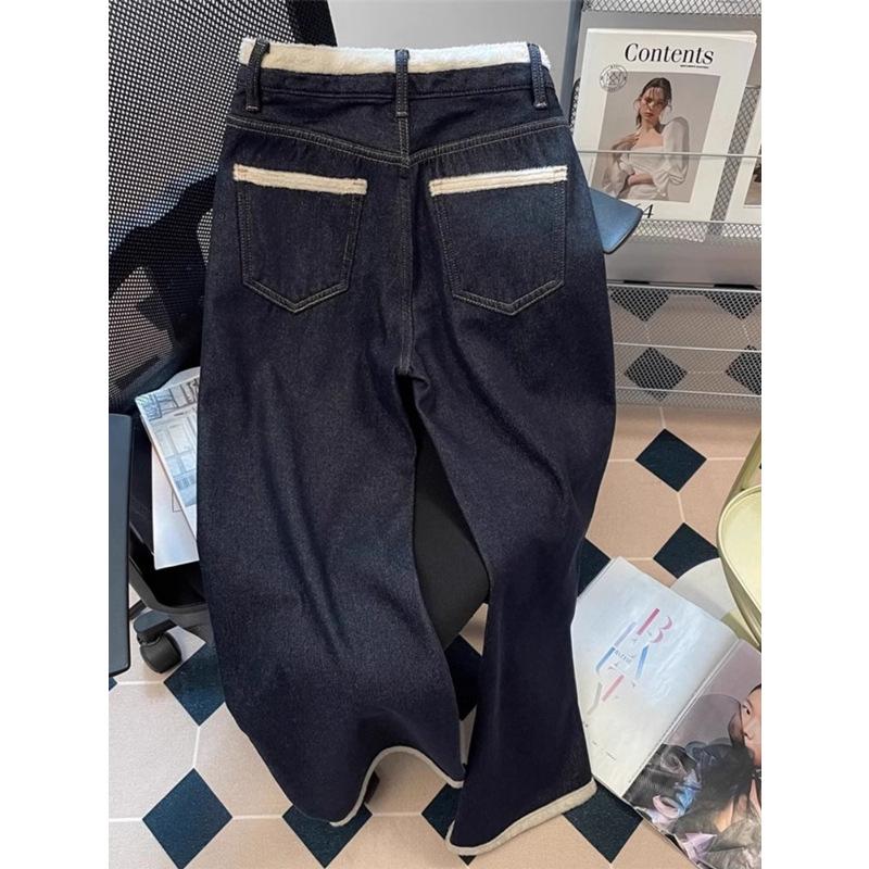 Women's High Rise Wide Leg Jeans Dark Blue Non-Stretch Fleece Lined Furry Patchwork Loose Straight Warm Winter Commuter Long Denim Trousers
