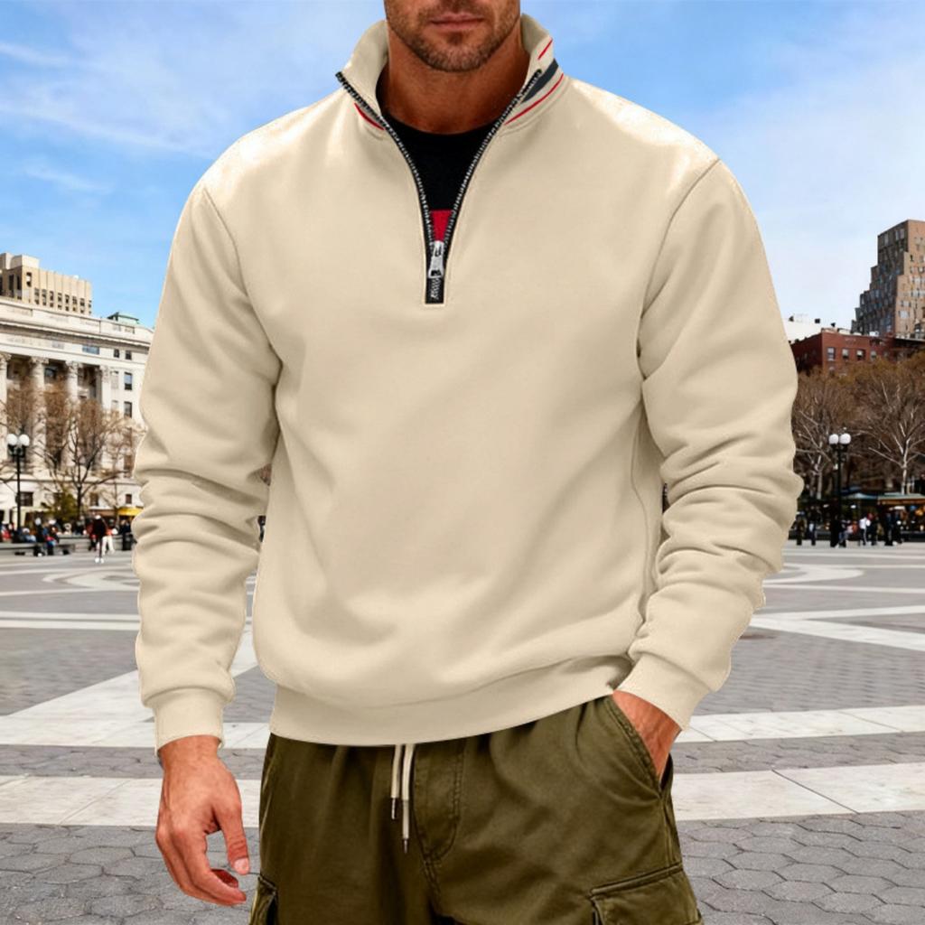 Men's Solid-color Casual Fleece Hoodie, Men's Loose Stand-up Collar Semi-zipper Casual Sport Pullover Hoodie