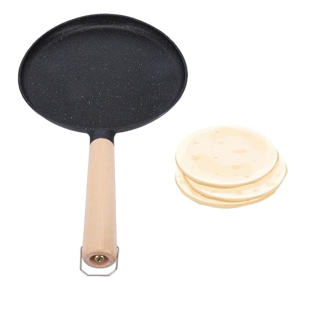 Pancake Griddle Anti Stick Coated Aluminum Alloy Flat Skillet with Wood Handle for Tortilla Roti Indian Pancake