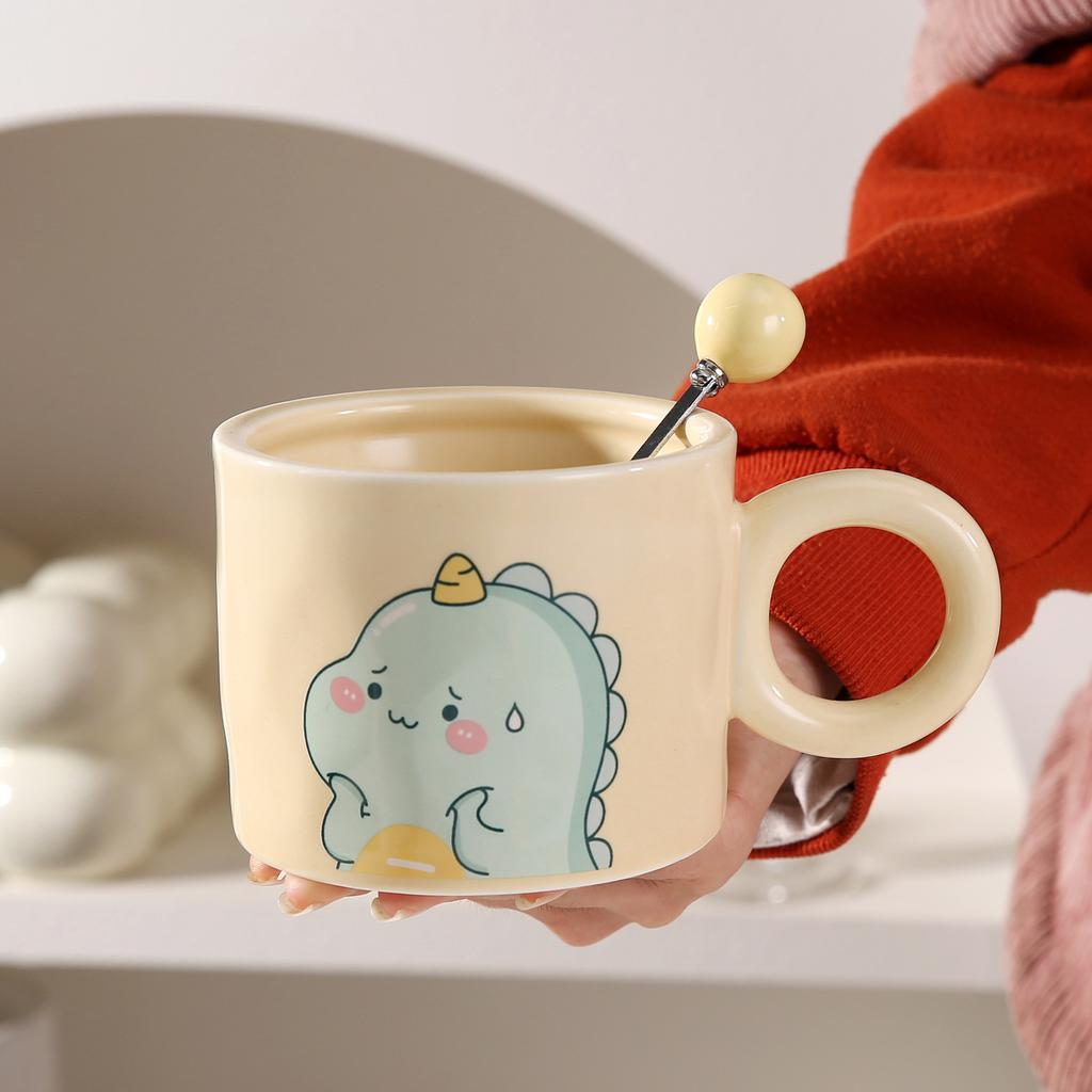 Light Luxury Ins Style Dinosaur Ceramic Cup Cute Mug with Lid Spoon Household High Value Coffee Cup Souvenir