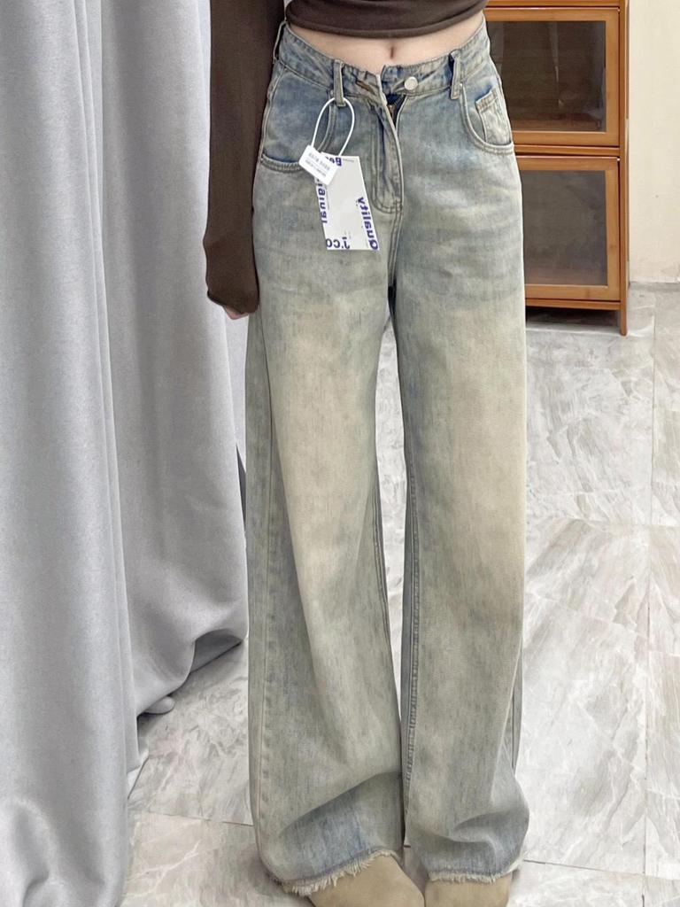 Women's Plus Velvet Thickened Retro High-Waisted Straight-Leg Jeans: Loose, Slimming, Wide-Leg, Floor-Length for Autumn/Winter