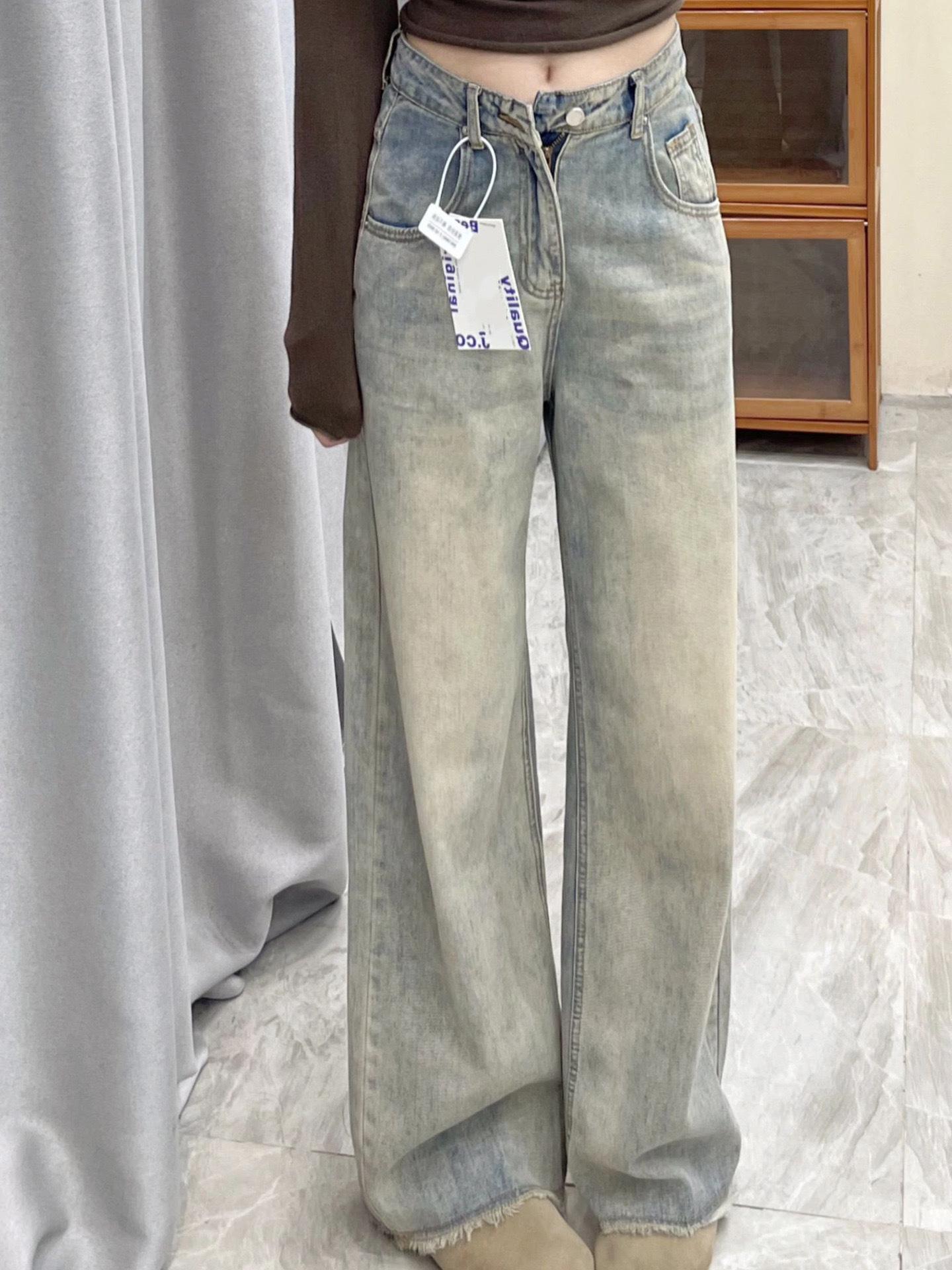 

Women s Plus Velvet Thickened Retro High-Waisted Straight-Leg Jeans: Loose, Slimming, Wide-Leg, Floor-Length for Autumn/Winter XS