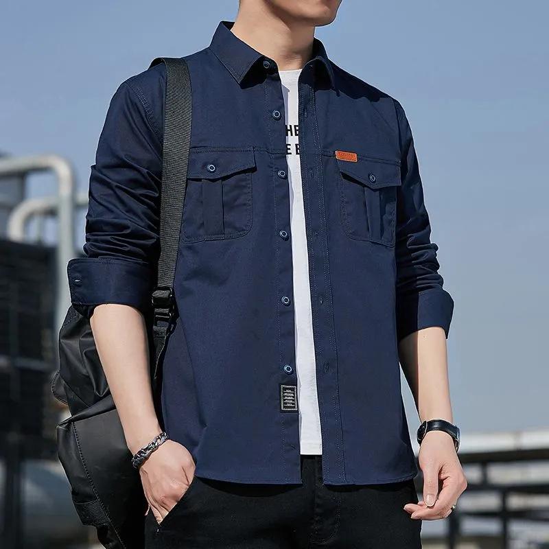 Cotton Cargo Shirt for Men Long Sleeve 2 Pocket Shirts Outdoor Casual Blouses Clothing Overshirt