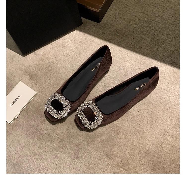 

Овчина~ Мама Виноград Благородный Вельвет Стразы Квадратная Пряжка Туфли-лодочки на низком каблуке Женские Повседневные Универсальные На плоской подошве Банкетные туфли 40