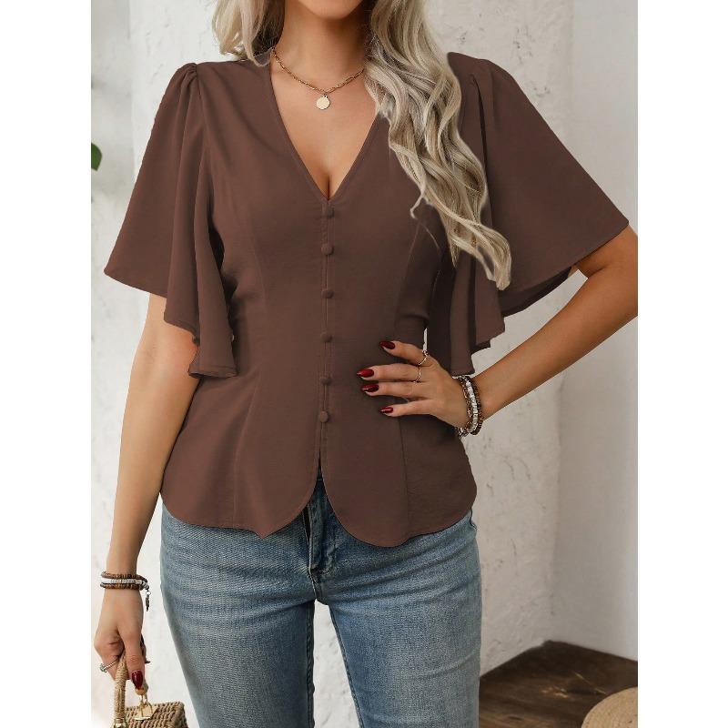 JKASHDK Women's Fashion Casual Summer Spring Solid Color Print Short Sleeve V-Neck Blouses & Shirts