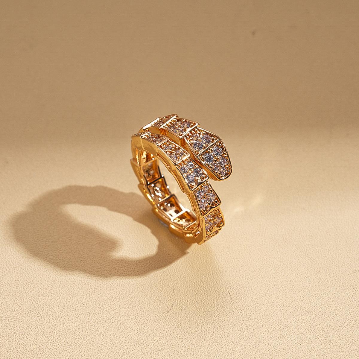 European and American light luxury zircon geometric serpentine open ring personalized niche retro jewelry