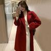 Women's Korean Chic Wool Coat - 2025 Autumn/Winter, Red, Mid-Length, High-End Hepburn Style Outerwear