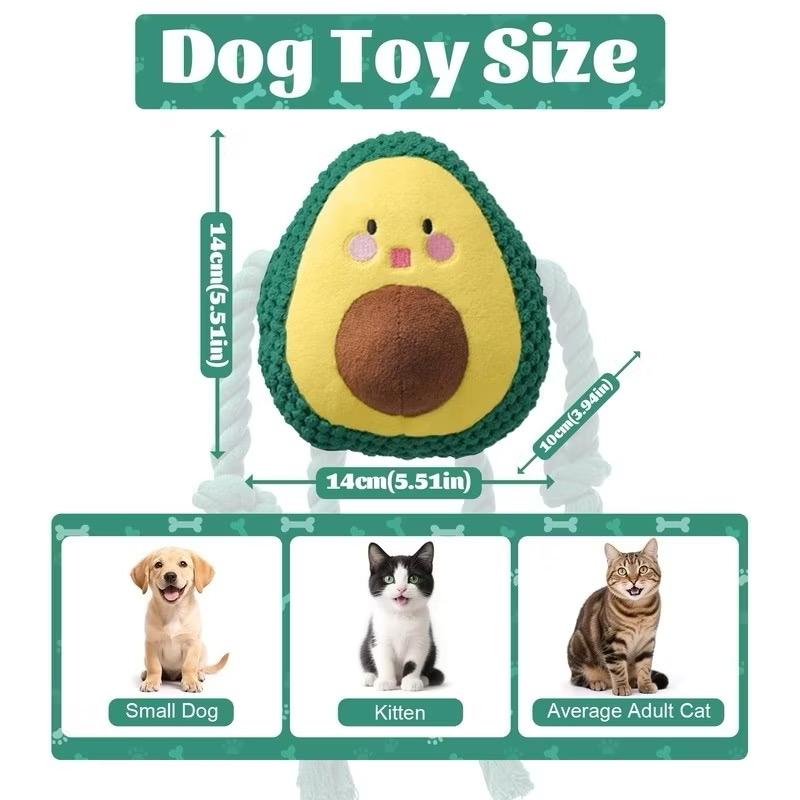 Avocado Squeaky Dog Toy Plush Chew with Cotton Rope Interactive Teeth Cleaning Squeaker for Small Medium Dogs