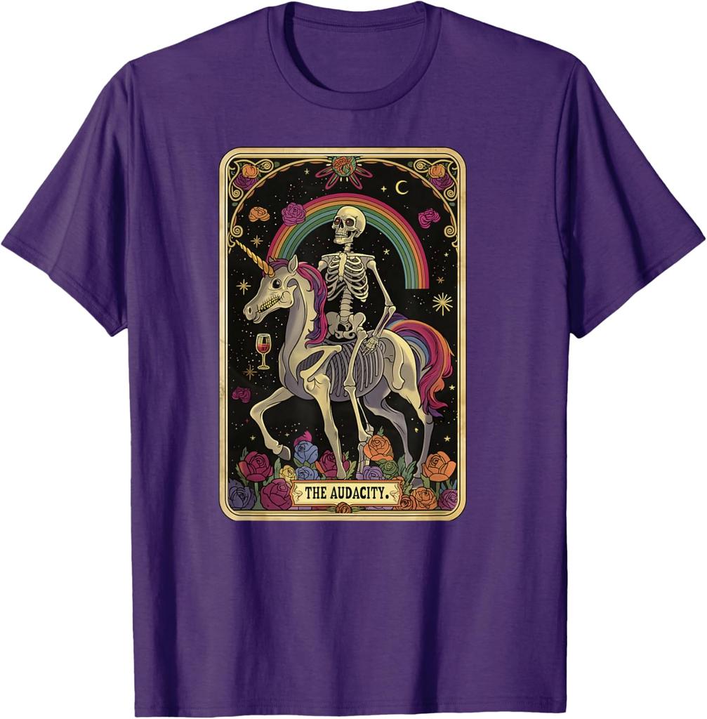 Skelett auf Einhorn reitend Tarot Die Kühnheit Grafik T-Shirt Lässiges Kurzarm Baumwoll-T-Shirt