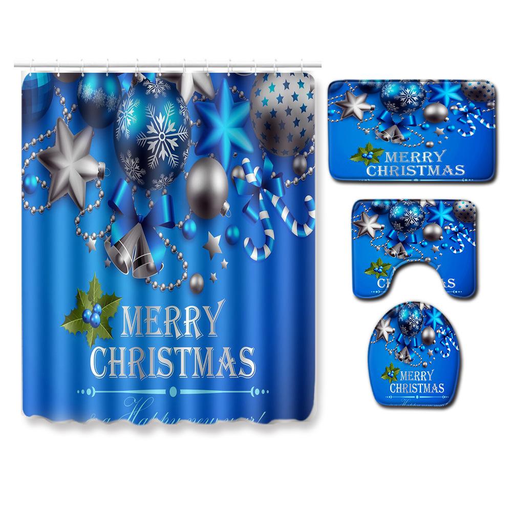 Christmas Printed Shower Curtain Floor Mat Four-Piece Bathroom Toilet Non-Slip Absorbent Carpet Toilet Non-Slip Door Mat