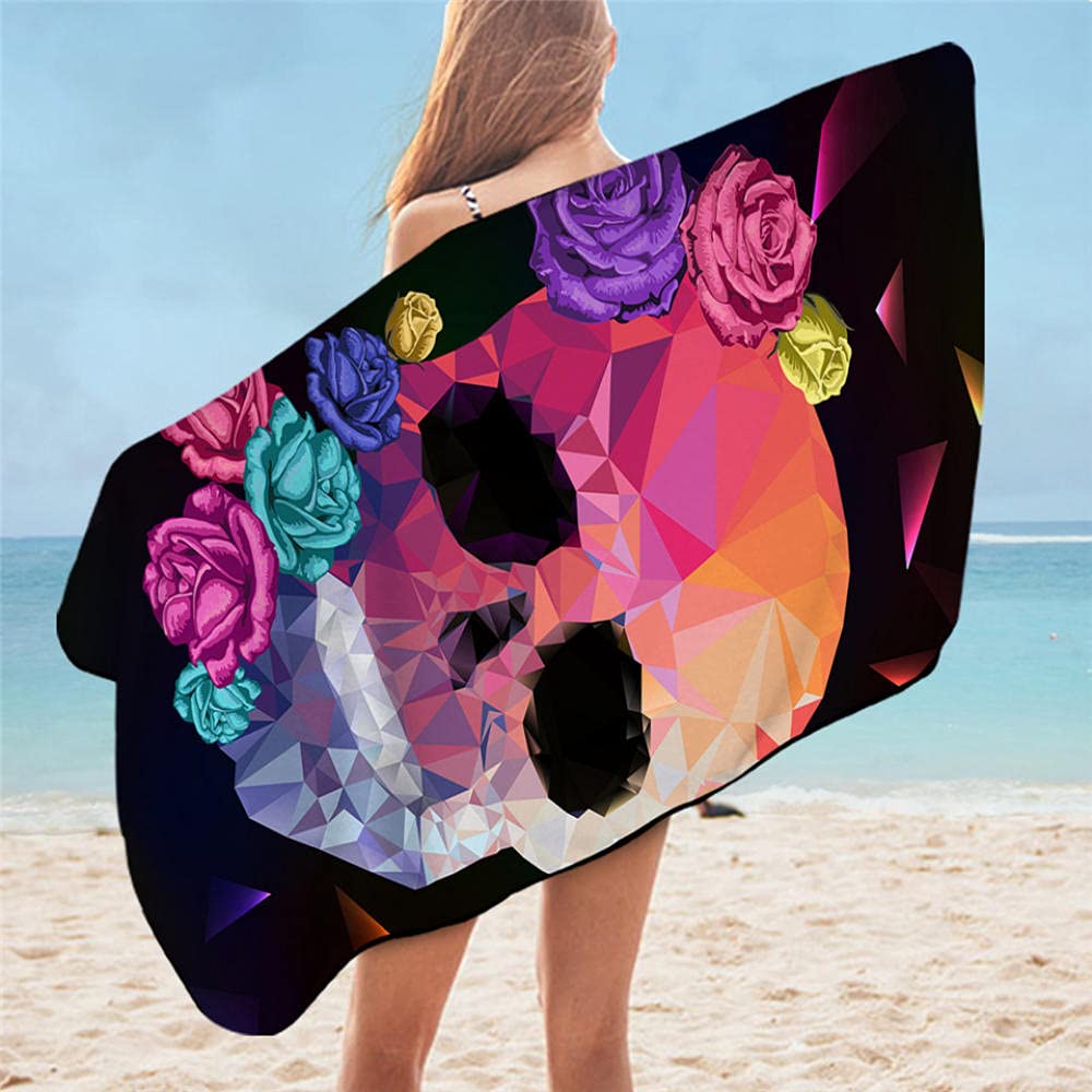 Schädel Strandtuch Mikrofaser Schnelltrocknend Strand Blumenmuster Reise Fitness Spa Damen Mädchen Blume Rose Schädel Große Strandtücher