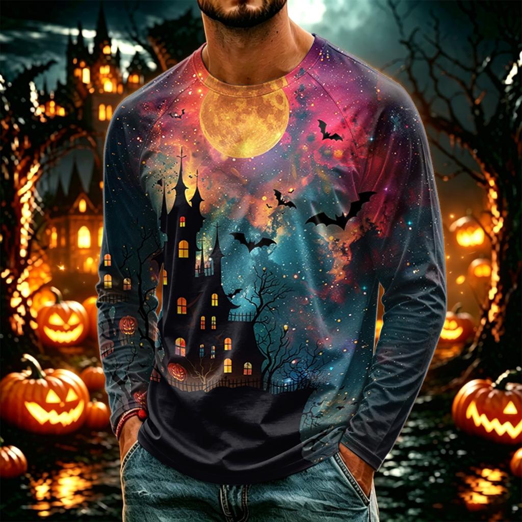 Men's Casual Halloween Print Neck Long Sleeve T-Shirt Lightweight for Daily Wear