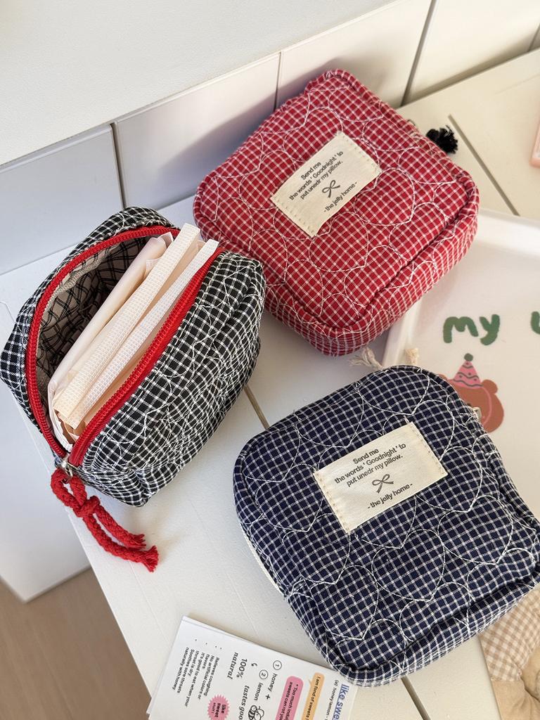 Gesteppte Herz karierte Kosmetiktaschen für Damen Make-up-Etui Große Kapazität Damen Reise-Aufbewahrungstasche Lässige Mädchen Handtasche Clutch-Geldbörse