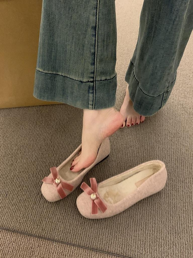Inner height increase pink woolen single shoes female winter new Korean version ballet fairy wind fluffy shoes thick-soled velvet cotton shoes