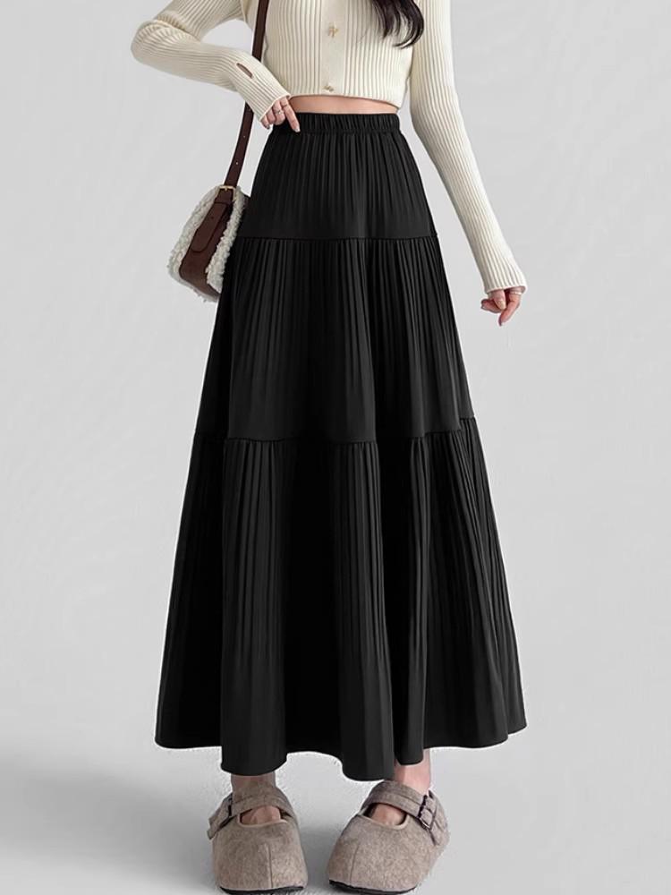 2025 High-Waist Purple Pleated Long Skirt - Gentle, All-Match Fairy Style for Early Spring